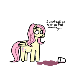 Size: 768x768 | Tagged: safe, artist:101reggie101, imported from derpibooru, fluttershy, pegasus, pony, dialogue, female, mare, misspelling, simple background, smoothie, solo, spilled drink, thousand yard stare, white background