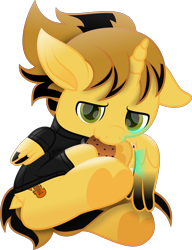 Size: 3919x5095 | Tagged: safe, artist:lincolnbrewsterfan, imported from derpibooru, oc, oc only, oc:killer epic, alicorn, pony, fallout equestria, .svg available, :3, absurd resolution, alicorn oc, big eyes, chocolate chip cookie, clothes, colored pupils, colored wings, cookie, curled up, cute, cute face, cute smile, dock, fallout equestria oc, floppy ears, folded wings, food, glowing, gradient wings, highlights, hoof heart, hooves up, horn, inkscape, jacket, killer epicute, leather, leather jacket, lincoln brewster, looking at you, male, movie accurate, musician, ocbetes, one ear down, one wing out, pipbuck, ponified, ponified music artist, shading, simple background, smiling, smiling at you, snout, solo, stallion, svg, tail, transparent background, two toned mane, two toned wings, underhoof, vector, wings