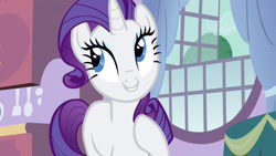Size: 2560x1440 | Tagged: safe, imported from derpibooru, screencap, rarity, unicorn, spike at your service, curtains, cute, female, mare, raised hoof, raribetes, smiling, solo, window