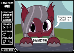 Size: 2512x1801 | Tagged: safe, artist:mrkm, imported from derpibooru, oc, oc:cherry night, bat pony, advertisement, bat pony oc, boop request, commission info, cute, ear fluff, female, female symbol, hooves on the table, looking at you, male symbol, mare, mouth hold, speech bubble, unshorn fetlocks