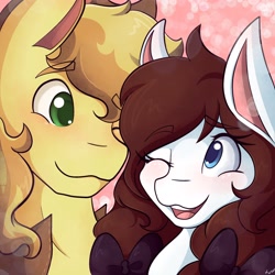 Size: 2048x2048 | Tagged: safe, artist:mscolorsplash, imported from derpibooru, braeburn, oc, oc:color splash, earth pony, pegasus, pony, abstract background, blushing, bust, canon x oc, close-up, female, looking at each other, looking at someone, male, mare, one eye closed, open mouth, open smile, shipping, smiling, stallion, straight