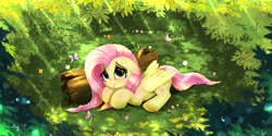 Size: 3600x1800 | Tagged: safe, artist:darksly, imported from derpibooru, fluttershy, butterfly, pegasus, pony, blushing, crepuscular rays, cute, female, floppy ears, flower, folded wings, forest, high res, looking at you, lying down, mare, shyabetes, smiling, solo, wings