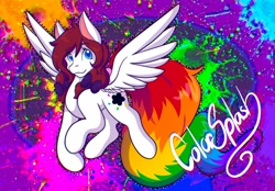 Size: 2048x1423 | Tagged: safe, artist:mscolorsplash, imported from derpibooru, oc, oc only, oc:color splash, pegasus, pony, abstract background, bow, female, hair bow, looking at you, mare, name, rainbow tail, smiling, smiling at you, solo, spread wings, tail, wings