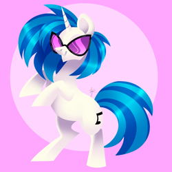 Size: 3700x3700 | Tagged: safe, artist:fizzlefer, imported from derpibooru, dj pon-3, vinyl scratch, pony, unicorn, female, glasses, grin, mare, rearing, signature, smiling, solo