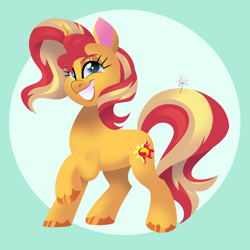 Size: 3500x3500 | Tagged: safe, artist:fizzlefer, imported from derpibooru, sunset shimmer, pony, unicorn, cute, female, grin, mare, raised hoof, shimmerbetes, signature, smiling, solo