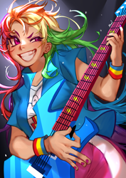 Size: 2480x3508 | Tagged: safe, artist:moto-1024, imported from derpibooru, rainbow dash, human, equestria girls, big grin, dreamworks face, electric guitar, female, grin, guitar, high res, human coloration, humanized, moderate dark skin, musical instrument, smiling, solo