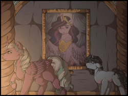 Size: 1280x960 | Tagged: safe, artist:binibean, imported from derpibooru, opaline arcana, twilight sparkle, alicorn, pony, unicorn, spoiler:g5, duo, female, floppy ears, g5, looking at something, looking up, mare, misty brightdawn, painting, story included, twilight sparkle (alicorn)
