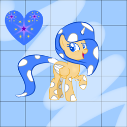 Size: 1378x1378 | Tagged: safe, artist:dashie.candy, imported from derpibooru, oc, oc:blueberry heart sparkle, alicorn, pony, alicorn oc, blue background, blue eyes, blue mane, blue tail, colored wings, dots, female, folded wings, happy, heart, horn, looking up, mare, offspring, open mouth, open smile, parent:flash sentry, parent:twilight sparkle, parents:flashlight, polka dots, raised hoof, simple background, smiling, solo, sparkles, tail, two toned wings, wings