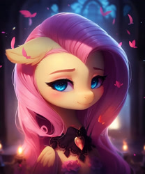 Size: 1280x1536 | Tagged: safe, artist:nightluna, imported from derpibooru, fluttershy, pegasus, pony, ai assisted, ai content, blushing, candle, cherry blossoms, clothes, ear fluff, eyebrows, eyelashes, female, flower, flower blossom, generator:purplesmart.ai, generator:stable diffusion, heart, looking away, looking sideways, mare, one ear down, petals, smiling, solo