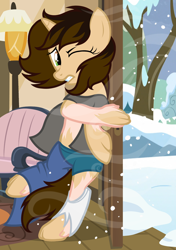 Size: 1400x1985 | Tagged: safe, artist:anonymous, imported from derpibooru, oc, oc only, oc:snowstorm, unicorn, door, human to pony, one eye closed, show accurate, snow, snowfall, solo, transformation, wind