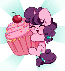 Size: 2903x3188 | Tagged: safe, artist:kittyrosie, imported from derpibooru, sugar belle, pony, unicorn, abstract background, blushing, cupcake, cute, eyes closed, female, food, high res, mare, open mouth, open smile, signature, simple background, smiling, solo, sugarbetes