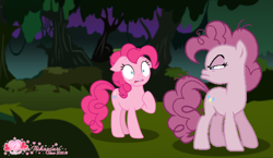 Size: 900x521 | Tagged: safe, artist:tanahgrogot, imported from derpibooru, mean pinkie pie, pinkie pie, earth pony, pony, the mean 6, base used, clone, duality, duo, duo female, everfree forest, female, floppy ears, furious, mare, night, sultry pose, surprised, suspicious, wide eyes