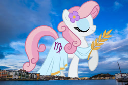 Size: 2047x1365 | Tagged: safe, edit, editor:jaredking779, imported from derpibooru, oc, oc only, oc:virgo, earth pony, pony, clothes, dress, eyes closed, female, flower, flower in hair, giant pony, giantess, highrise ponies, irl, kristiansund, macro, mare, norway, photo, ponies in real life, raised hoof, smiling, solo