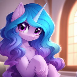 Size: 1024x1024 | Tagged: safe, generator:izzy lora, imported from derpibooru, izzy moonbow, pony, unicorn, ai content, ai generated, chest fluff, cute, female, g5, generator:purplesmart.ai, generator:stable diffusion, horn, izzybetes, looking at you, mare, solo, unshorn fetlocks, window