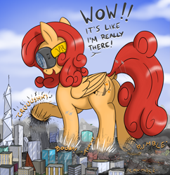 Size: 2525x2612 | Tagged: safe, artist:qkersnll, imported from derpibooru, oc, oc only, oc:soft melody, pegasus, pony, butt, city, destruction, dialogue, dock, female, giant pony, giantess, helicopter, high res, macro, mare, onomatopoeia, plot, tail, underhoof, vr headset