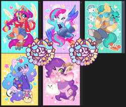 Size: 997x852 | Tagged: safe, artist:oofycolorful, imported from derpibooru, hitch trailblazer, izzy moonbow, pipp petals, sunny starscout, zipp storm, alicorn, bird, crab, dog, dragon, earth pony, pegasus, pomeranian, pony, seagull, semi-anthro, unicorn, cloudpuff, flying pomeranian, g5, kenneth, mane five (g5), mcsnips-a-lot, race swap, sparky sparkeroni, winged dog