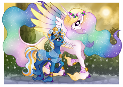 Size: 7516x5315 | Tagged: safe, artist:mesuyoru, imported from derpibooru, princess celestia, oc, alicorn, pony, unicorn, blue coat, cloven hooves, colored wings, conversation, crown, duo, female, fetlock tuft, floral head wreath, flower, garden, gradient wings, happy, horn, jewelry, leonine tail, mare, meeting, regalia, sunset, tail, unicorn oc, unshorn fetlocks, walking, white coat, wings