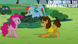 Size: 2000x1125 | Tagged: safe, edit, edited screencap, editor:quoterific, imported from derpibooru, screencap, cheese sandwich, pinkie pie, rainbow dash, earth pony, pegasus, pony, pinkie pride, clothes, shirt