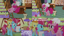 Size: 2000x1125 | Tagged: safe, edit, edited screencap, editor:quoterific, imported from derpibooru, screencap, cup cake, gummy, pinkie pie, pound cake, pumpkin cake, alligator, earth pony, pegasus, pony, unicorn, the one where pinkie pie knows, chef's hat, hat, ladder, sugarcube corner