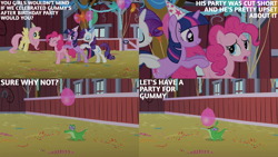 Size: 2000x1125 | Tagged: safe, edit, edited screencap, editor:quoterific, imported from derpibooru, screencap, fluttershy, gummy, pinkie pie, rarity, twilight sparkle, alligator, earth pony, pegasus, pony, unicorn, party of one, balloon, barn, confetti, unicorn twilight