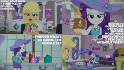 Size: 2000x1125 | Tagged: safe, edit, edited screencap, editor:quoterific, imported from derpibooru, screencap, applejack, rarity, human, camping must-haves, equestria girls, spoiler:eqg series (season 2), rarity peplum dress