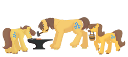 Size: 1280x569 | Tagged: safe, artist:itstechtock, imported from derpibooru, caramel, chance-a-lot, creme brulee, toffee, earth pony, pony, anvil, blacksmith, bucket, female, hammer, male, mare, mouth hold, simple background, stallion, transparent background, unshorn fetlocks, water