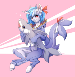 Size: 3589x3691 | Tagged: safe, artist:1an1, imported from derpibooru, oc, oc only, oc:clairvoyance, pony, shark, unicorn, animal costume, blushing, blåhaj, clothes, costume, ear fluff, femboy, girly, horn, kigurumi, male, onesie, plushie, shark costume, shark plushie, sitting, smiling, solo, stallion, unicorn oc