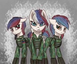 Size: 2037x1692 | Tagged: safe, artist:kirieshka, imported from derpibooru, oc, oc only, oc:donetsk, oc:lugansk, oc:marussia, pony, clothes, comments locked down, cyrillic, dpr, military, military uniform, nation ponies, politics, politics in the comments, ponified, russia, russian, trio, uniform, z (military symbol)
