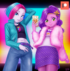 Size: 1000x1021 | Tagged: safe, artist:uotapo, imported from derpibooru, pipp petals, zipp storm, human, equestria girls, belly button, cellphone, clothes, denim, equestria girls (g5), equestria girls-ified, g5, g5 to equestria girls, generation leap, jacket, jeans, long socks, midriff, miniskirt, pants, phone, royal sisters (g5), siblings, sisters, skirt, smartphone, socks, thigh highs, thigh socks