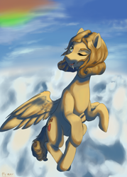 Size: 2113x2953 | Tagged: safe, artist:fly over, imported from derpibooru, oc, pegasus, pony, candy, cloud, female, food, lesley gore, lollipop, mare, one eye closed, pegasus oc, sky