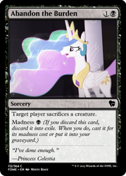 Size: 375x523 | Tagged: safe, artist:minty root, edit, imported from derpibooru, princess celestia, alicorn, pony, ccg, magic the gathering, pink-mane celestia, project thundercloud, sad, trading card, trading card edit, trading card game