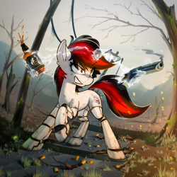 Size: 3000x3000 | Tagged: safe, artist:o0o-bittersweet-o0o, imported from derpibooru, oc, oc only, oc:blackjack, cyborg, cyborg pony, pony, unicorn, fallout equestria, fallout equestria: project horizons, alcohol, amputee, cybernetic legs, dead tree, dirty, ear fluff, embers, fanfic art, female, forest, grin, gun, handgun, horn, magic, mare, nokia, nokia 3310, outdoors, pistol, prosthetic leg, prosthetic limb, prosthetics, small horn, smiling, smoke, solo, telekinesis, tree, wasteland, weapon, whiskey, wild pegasus