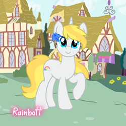 Size: 600x600 | Tagged: safe, artist:rainbott, imported from derpibooru, oc, oc only, pony, unicorn, blonde hair, blue eyes, female, horn, mare, picrew, ponysona creator, ponyville, smiling, solo, unicorn oc, white coat