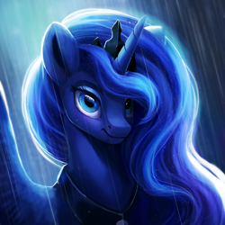 Size: 1200x1200 | Tagged: safe, artist:camyllea, imported from derpibooru, princess luna, alicorn, pony, backlighting, bust, crown, ethereal mane, female, horn, jewelry, lacrimal caruncle, lighting, looking at you, mare, peytral, portrait, rain, regalia, shading, smiling, solo, spread wings, starry mane, wings