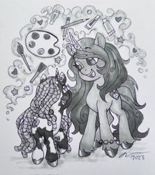 Size: 1816x2048 | Tagged: safe, artist:creeate97, idw, imported from derpibooru, izzy moonbow, pony, unicorn, black and white, dreadlocks, duo, easel, female, filly, foal, g5, grayscale, mare, monochrome, paint, paintbrush, pencil, traditional art, unshorn fetlocks, violette rainbow, violettebetes, vitiligo