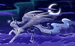 Size: 4100x2560 | Tagged: safe, artist:greenmaneheart, imported from derpibooru, oc, alicorn, pony, alicorn oc, aurora borealis, beautiful, concave belly, female, flying, high res, horn, large wings, long tail, mare, moon, night, night sky, sky, slim, solo, tail, thin, wings