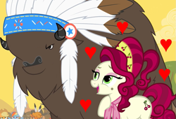 Size: 1059x720 | Tagged: safe, artist:sugar-loop, edit, edited screencap, imported from derpibooru, screencap, vector edit, cherry jubilee, chief thunderhooves, buffalo, earth pony, pony, over a barrel, beauty mark, crack shipping, duo focus, female, headpiece, heart, male, mare, shipping, straight, thundercherry, vector