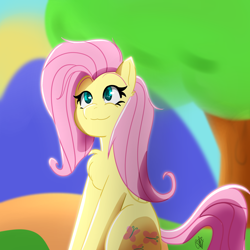 Size: 1800x1800 | Tagged: safe, artist:ermecg, imported from derpibooru, fluttershy, pegasus, pony, cel shading, colored lineart, eyes open, gazing, shading, simple background, sky, solo