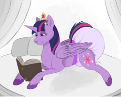 Size: 2500x2000 | Tagged: safe, artist:galaxylatte, imported from derpibooru, twilight sparkle, alicorn, pony, adult, adult diaper, book, clothes, diaper, diaper fetish, diapered, fetish, lying, lying down, non-baby in diaper, poofy diaper, princess, purple diaper, reading, simple background, simple shading, solo, twilight sparkle (alicorn), underwear