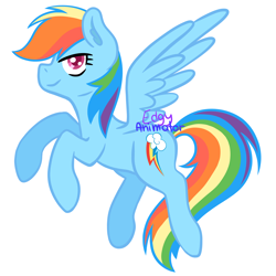 Size: 2000x2000 | Tagged: safe, artist:edgyanimator, imported from derpibooru, rainbow dash, pegasus, pony, blue coat, blue wings, digital art, ear fluff, female, firealpaca, flying, mare, multicolored hair, pink eyes, profile, rainbow hair, raised hooves, simple, simple background, solo, spread wings, white background, wings