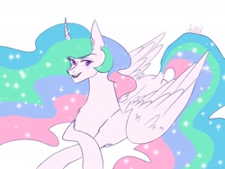 Size: 2160x1620 | Tagged: safe, artist:kaifeather, imported from derpibooru, princess celestia, alicorn, pony, curved horn, dock, ear fluff, horn, looking at you, lying down, open mouth, open smile, prone, simple background, smiling, solo, tail, white background