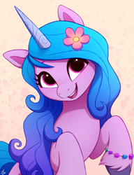 Size: 1000x1300 | Tagged: safe, artist:luminousdazzle, imported from derpibooru, izzy moonbow, pony, unicorn, abstract background, bracelet, bust, cute, female, flower, flower in hair, friendship bracelet, g5, horn, izzybetes, jewelry, mare, open mouth, open smile, signature, smiling, solo, unshorn fetlocks