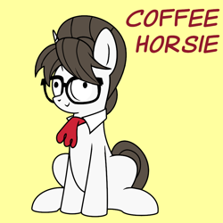 Size: 900x900 | Tagged: safe, artist:banquo0, imported from derpibooru, raven, pony, unicorn, :>, coffee, cute, derp, female, glasses, hair bun, mare, necktie, ravenbetes, secretary, simple background, sitting, smiling, solo, text, yellow background