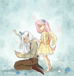 Size: 3426x3500 | Tagged: safe, artist:misskali, imported from derpibooru, discord, fluttershy, human, spoiler:g5comic, spoiler:g5comic10, antlers, broken horn, duo, duo male and female, elf ears, eyebrows, eyebrows visible through hair, female, flower, flower in hair, frown, g5, high res, horn, humanized, immortality blues, implied discoshy, implied shipping, implied straight, kneeling, male, old man discord, partially open wings, phone, scene interpretation, size difference, smiling, teary eyes, teeth, winged humanization, wings