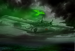 Size: 2160x1465 | Tagged: safe, artist:filincool, imported from derpibooru, oc, oc:pyrelight, balefire phoenix, phoenix, fallout equestria, flying boat, no pony, pby catalina, plane