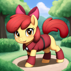 Size: 2500x2500 | Tagged: safe, imported from derpibooru, apple bloom, earth pony, pony, ai content, ai generated, bush, clothes, dress, female, filly, foal, generator:stable diffusion, looking at you, medallion, open mouth, outdoors, solo, tree