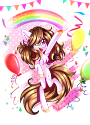 Size: 1282x1790 | Tagged: safe, artist:scatcat45, imported from derpibooru, oc, oc only, earth pony, pony, art trade, balloon, chest fluff, confetti, cute, earth pony oc, female, rainbow, simple background, white background