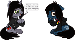 Size: 2175x1164 | Tagged: safe, artist:lightningbolt, derpibooru exclusive, imported from derpibooru, earth pony, pony, undead, unicorn, zombie, zombie pony, .svg available, bags under eyes, bone, bring me the horizon, clothes, dialogue, disguise, disguised siren, duo, duo male, ears back, fangs, gay, hoodie, hooves together, horn, jewelry, kellin quinn, lidded eyes, long sleeves, male, necklace, oliver sykes, open mouth, ponified, scar, shipping, shirt, show accurate, simple background, sitting, sleeping with sirens, slit pupils, smiling, smirk, stallion, stitches, svg, t-shirt, talking, tattoo, torn ear, transparent background, vector