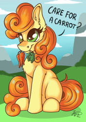 Size: 1920x2716 | Tagged: safe, artist:julunis14, imported from derpibooru, carrot top, golden harvest, earth pony, pony, bronybait, carrot, cute, cutie top, dialogue, female, food, herbivore, mare, mouth hold, sitting, solo