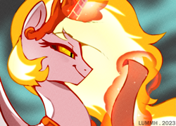 Size: 2109x1510 | Tagged: safe, artist:lummh, imported from derpibooru, daybreaker, alicorn, pony, female, glowing, glowing horn, horn, it's not what it looks like, levitation, lidded eyes, magic, mare, reading, scroll, smiling, smirk, solo, spread wings, telekinesis, wings